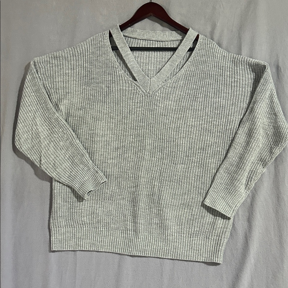 Gray V-Neck Women's Sweater - XL